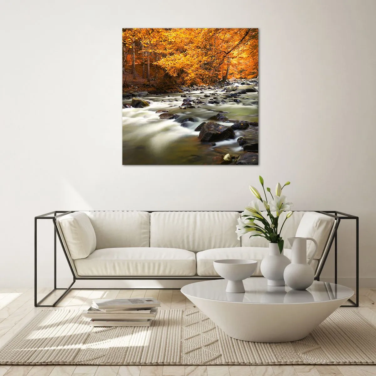 Quadro em vidro - Um riacho na floresta dourada - 60x60 cm