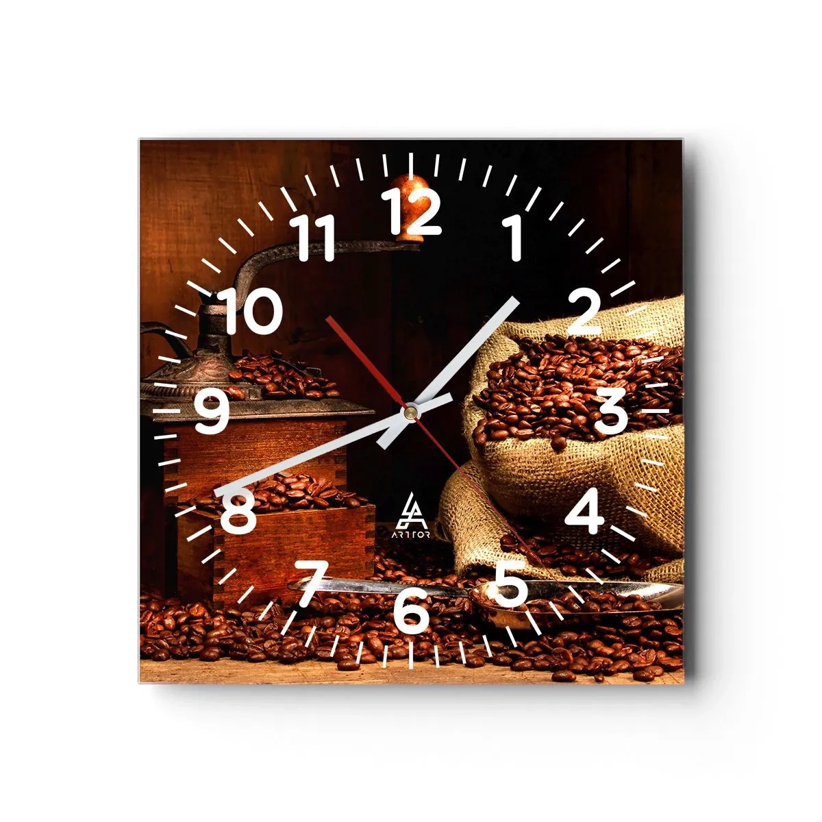 Relógio de parede - Relógio em vidro - Natureza morta com grãos de café e moedor - 40x40 cm