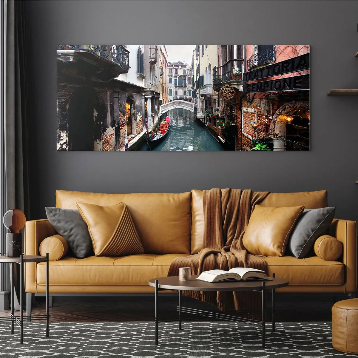 Quadro em vidro - Paisagem veneziana com gôndola e ponte - 90x30 cm