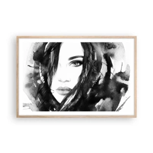 Pôster com moldura de carvalho claro - Retrato de uma dama a preto e branco - 91x61 cm