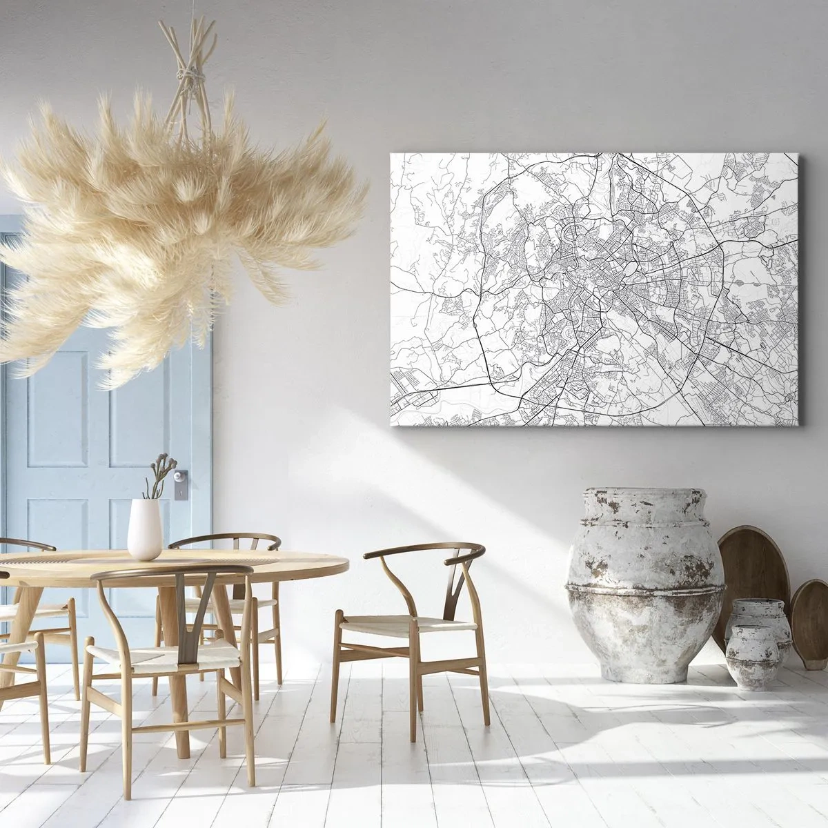 Quadro em tela - Um mapa da cidade em estilo minimalista com linhas delicadas - 70x50cm - Círculo romano - Decoração de parede moderna para a sala de estar e quarto ARTTOR