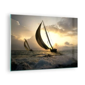 Quadro em vidro - Veleiros em um mar tempestuoso durante o pôr do sol - 70x50cm - Com o vento e contra o vento - Decoração de parede moderna para a sala de estar e quarto ARTTOR