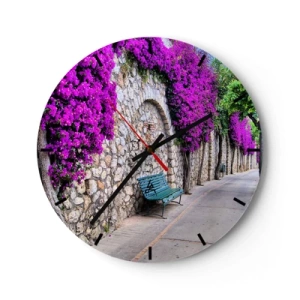 Relógio de parede - Relógio em vidro - Uma rua com um muro de pedra e flores roxas - 30x30cm - Vamos encontrar-nos o mais depressa possível - Decoração de parede moderna para a sala de estar, cozinha e quarto ARTTOR