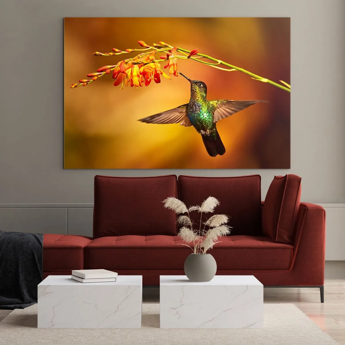 Quadro em vidro - Beija-flor perto das flores em um brilho dourado - 70x50cm - Mensageiro Maia da Luz - Decoração de parede moderna para a sala de estar e quarto ARTTOR