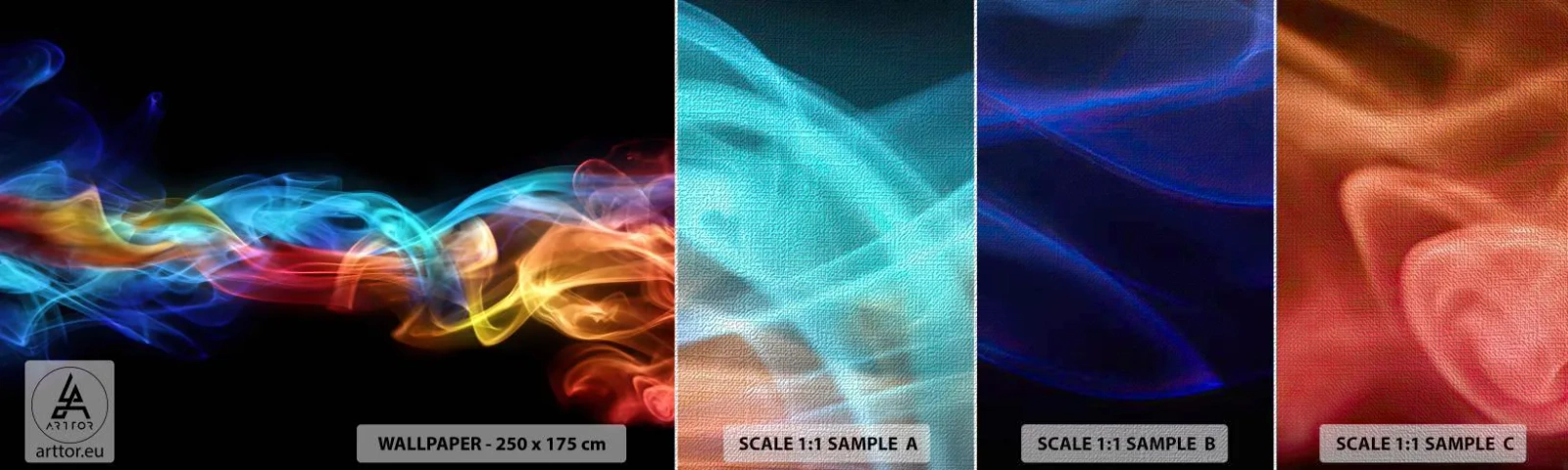 Amostra de papel de parede Premium Canvas - Dança da névoa em arco-íris - Abstração, Gráficos, Chamas Coloridas - 100x30 cm