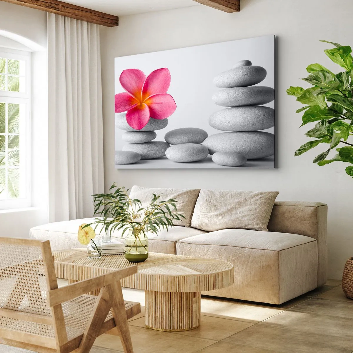 Quadro em tela - Flor rosa em pedras estilo zen - 70x50cm - Pedra sobre pedra, e sobre esta pedra... - Decoração de parede moderna para a sala de estar e quarto ARTTOR