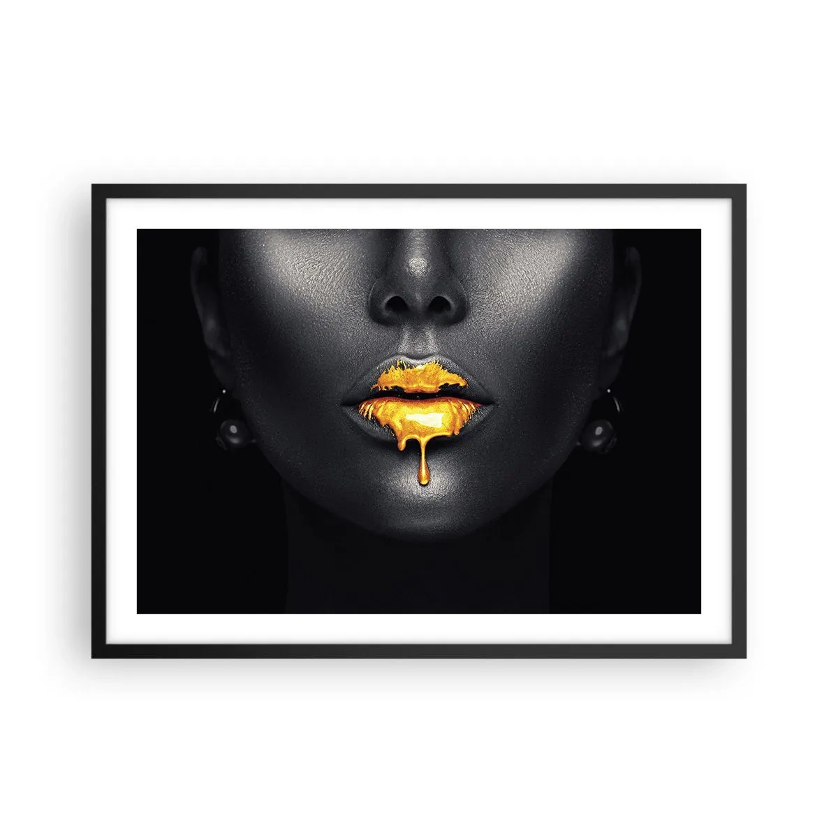 Pôster com moldura preta - Boca dourada - 70x50 cm