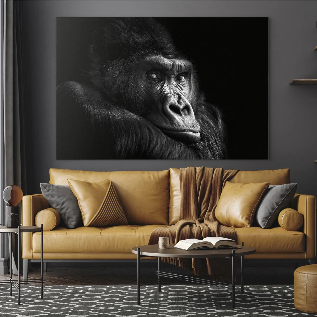 Quadro em vidro - Retrato em preto e branco de um gorila na sombra de uma janela - 70x50cm - E para que é que estás a olhar? - Decoração de parede moderna para a sala de estar e quarto ARTTOR