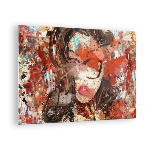 Quadro em vidro - Retrato abstrato de uma mulher em tons de vermelho e bege - 70x50cm - Ninguém realmente me conhece - Decoração de parede moderna para a sala de estar e quarto ARTTOR