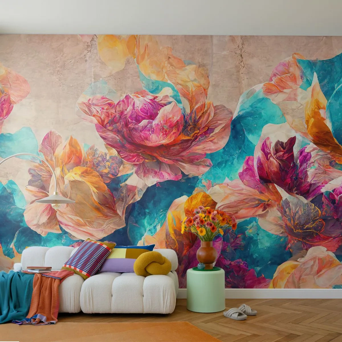 Papel de Parede Premium Sand - Esplendor colorido do buquê - Flores, Pastel, Pedaço - 100x70 cm