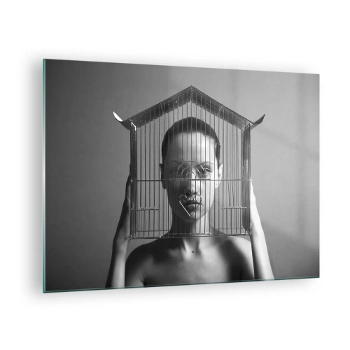 Quadro em vidro - Mulher com uma gaiola em forma de casa no rosto em preto e branco - 70x50cm - Retrato um pouco surreal - Decoração de parede moderna para a sala de estar e quarto ARTTOR