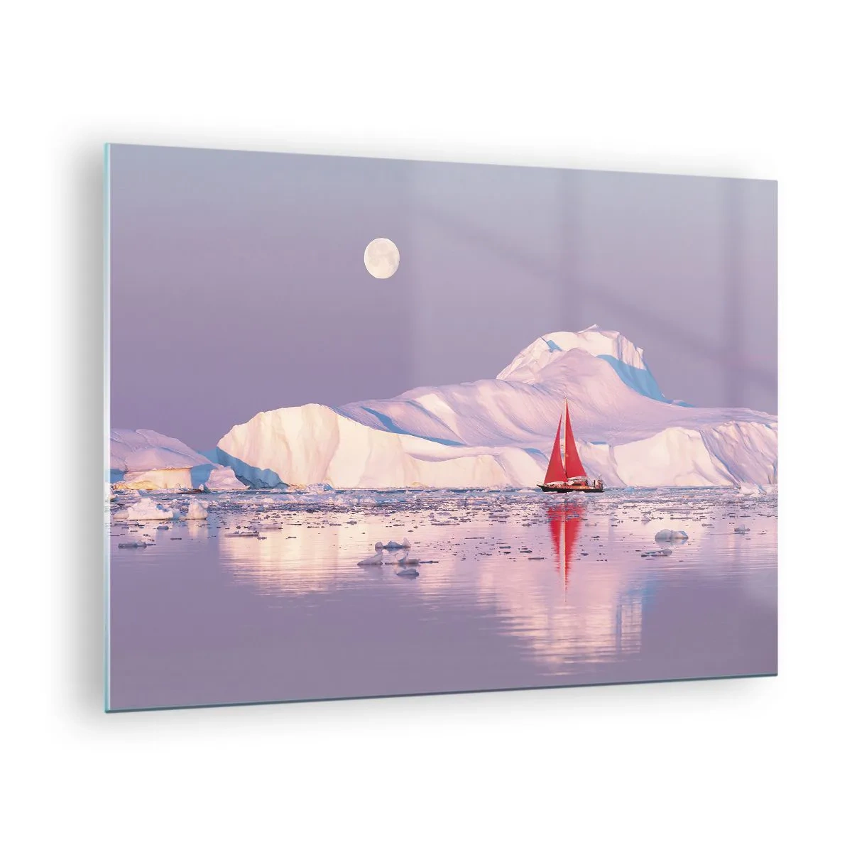 Quadro em vidro - Um veleiro com o cenário de geleiras ao luar - 70x50cm - O calor da vela, a frieza do gelo - Decoração de parede moderna para a sala de estar e quarto ARTTOR