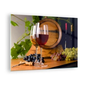 Quadro em vidro - Taças de vinho, uvas e um barril contra um fundo de folhas de videira - 70x50cm - Como com os antigos mestres - Decoração de parede moderna para a sala de estar e quarto ARTTOR