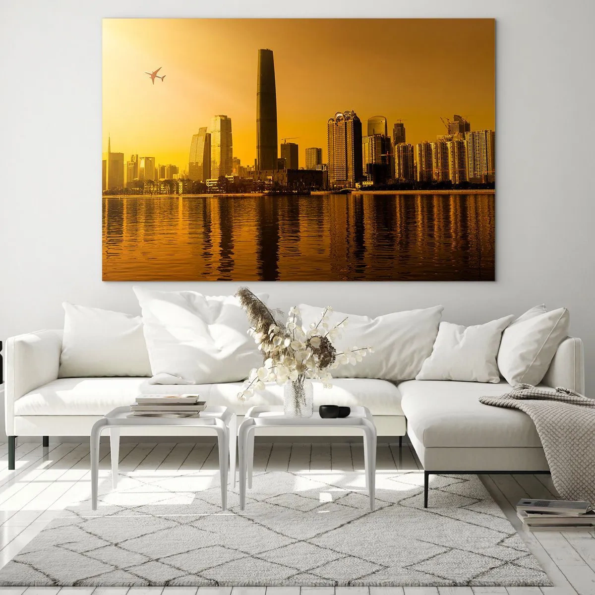 Quadro em vidro - Uma cidade moderna com arranha-céus ao pôr do sol - 70x50cm - Cidade Dourada - Decoração de parede moderna para a sala de estar e quarto ARTTOR