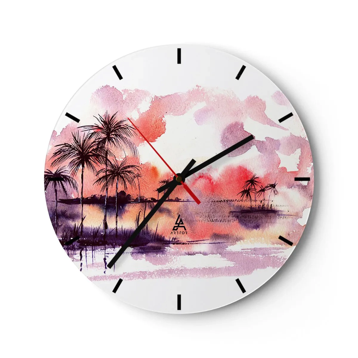 Relógio de parede - Relógio em vidro - Paisagem em aquarela com palmeiras ao pôr do sol - 30x30cm - A tranquilidade dos trópicos em vermelho - Decoração de parede moderna para a sala de estar, cozinha e quarto ARTTOR