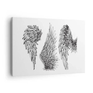 Quadro em tela - Três esboços de asas em preto e branco em estilo minimalista. - 70x50cm - Você também pode se tornar um anjo - Decoração de parede moderna para a sala de estar e quarto ARTTOR