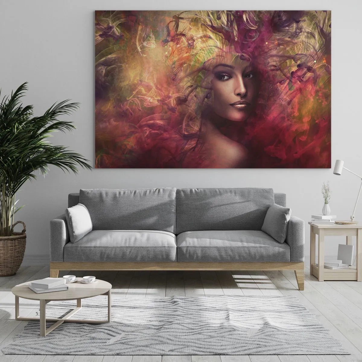 Quadro em vidro - Retrato de uma mulher cercada por cores luminosas e abstratas - 70x50cm - Estou aqui! - Decoração de parede moderna para a sala de estar e quarto ARTTOR