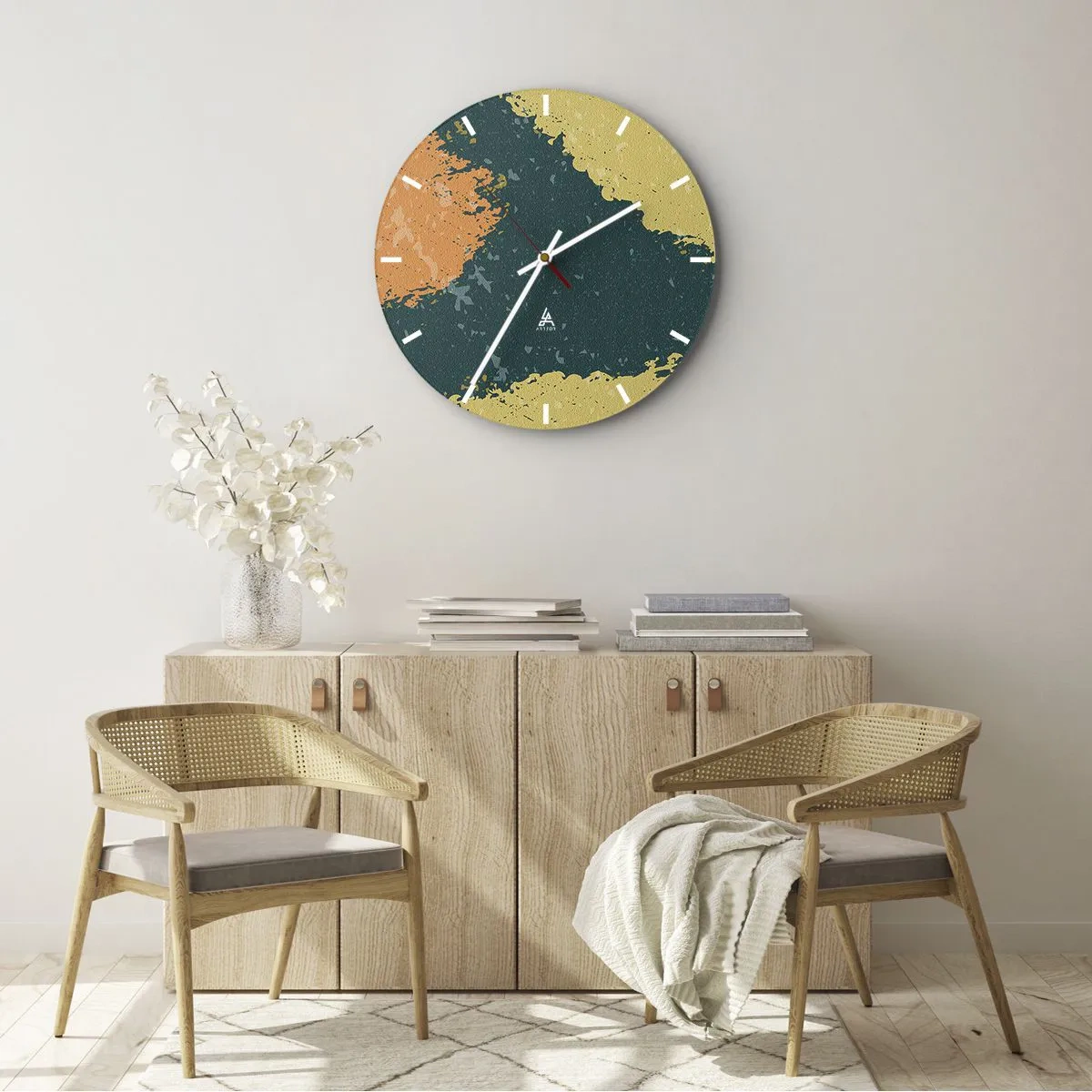 Relógio de parede - Relógio em vidro - Pontos artísticos em tons de verde, bege e laranja - 30x30cm - Abstração – movimento lento - Decoração de parede moderna para a sala de estar, cozinha e quarto ARTTOR