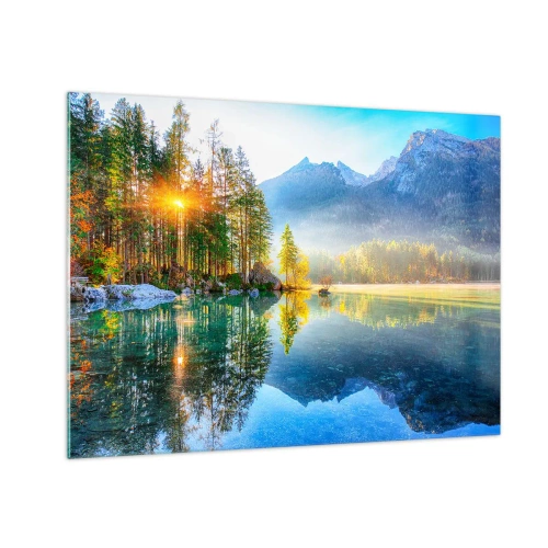 Quadro em vidro - Paisagem montanhosa com um lago e o sol da manhã - 70x50cm - Majestade e doçura - Decoração de parede moderna para a sala de estar e quarto ARTTOR