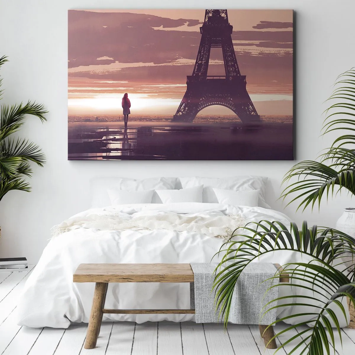 Quadro em tela - Uma figura olhando para a Torre Eiffel à luz do pôr do sol - 70x50cm - Só elas as duas - Decoração de parede moderna para a sala de estar e quarto ARTTOR