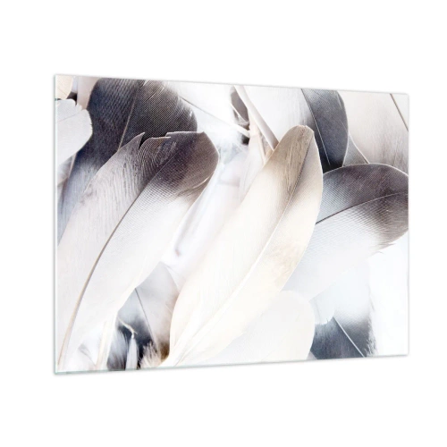 Quadro em vidro - Penas delicadas e leves em tons de branco e cinza - 70x50cm - Semi-angelical - Decoração de parede moderna para a sala de estar e quarto ARTTOR