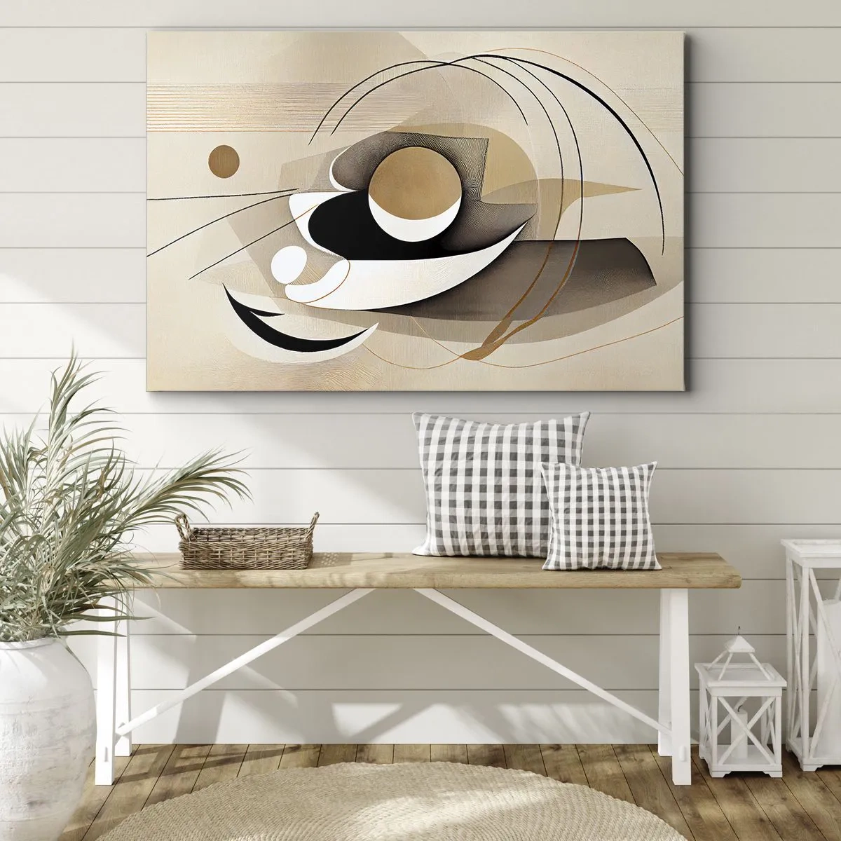 Quadro em tela - Composição abstrata em tons de bege e preto - 70x50cm - Composição: a essência da palavra - Decoração de parede moderna para a sala de estar e quarto ARTTOR