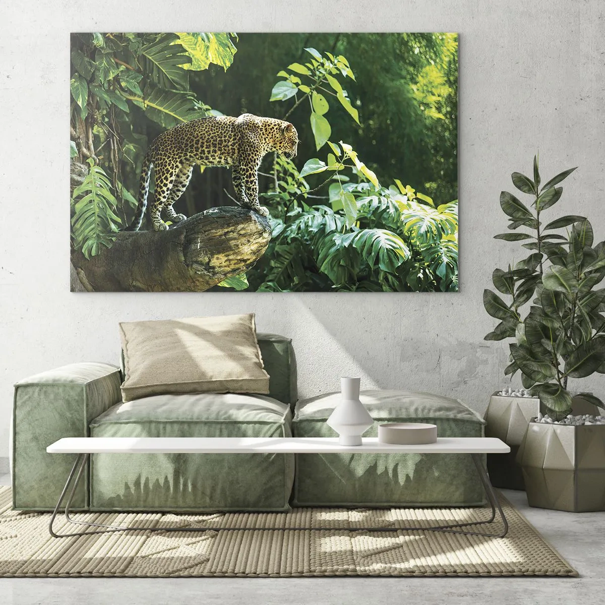 Quadro em vidro - Leopardo em uma rocha na selva tropical - 70x50cm - Vamos caçar? - Decoração de parede moderna para a sala de estar e quarto ARTTOR