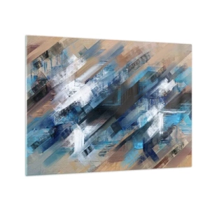 Quadro em vidro - Listras diagonais abstratas em tons de azul, branco e bege - 70x50cm - Numa diagonal azul - Decoração de parede moderna para a sala de estar e quarto ARTTOR