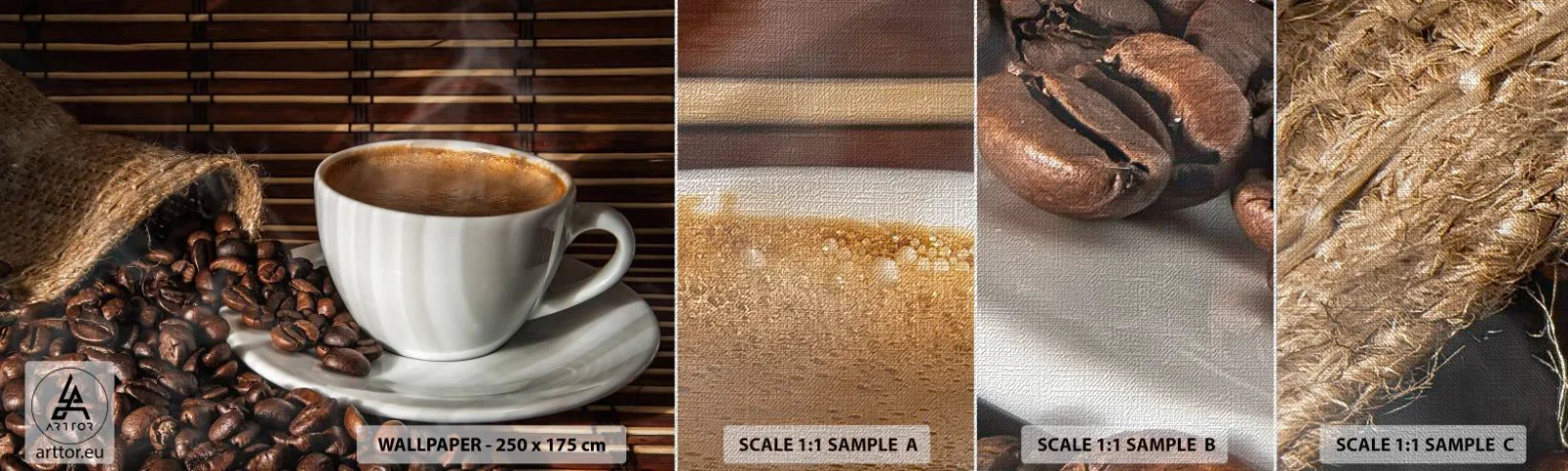 Amostra de papel de parede Premium Canvas - A escuridão do carvão, a transparência do âmbar - Gastronomia, Café, xícara de café - 100x30 cm