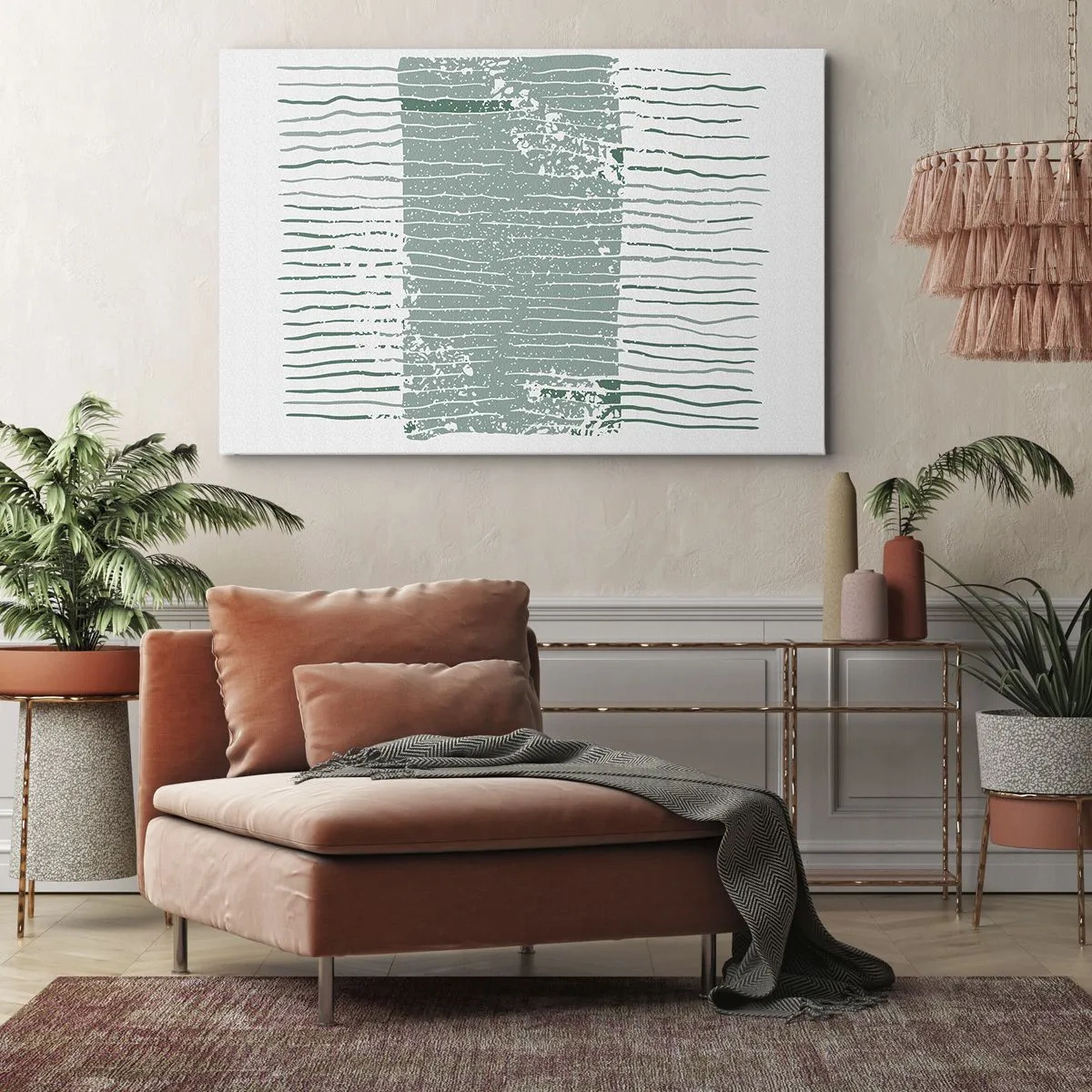 Quadro em tela - Padrão geométrico em tons de verde-mar e branco - 70x50cm - Abstração marinha - Decoração de parede moderna para a sala de estar e quarto ARTTOR
