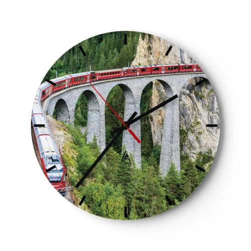 Relógio de parede - Relógio em vidro - Um trem vermelho em um viaduto entre florestas montanhosas - 30x30cm - Linha férrea com vista para a montanha - Decoração de parede moderna para a sala de estar, cozinha e quarto ARTTOR