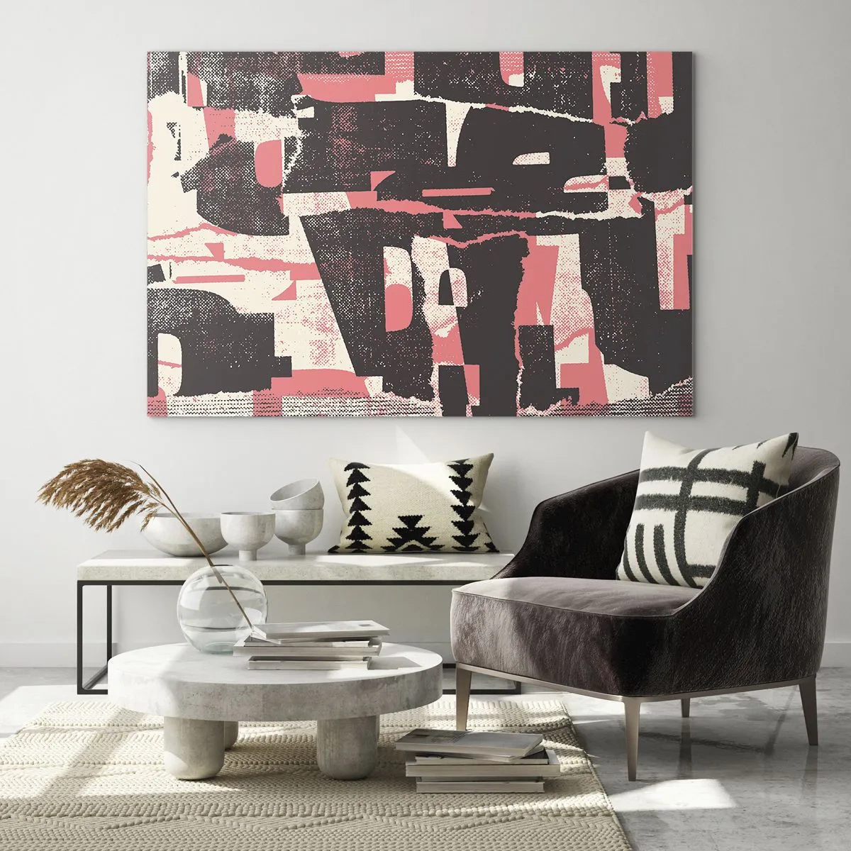 Quadro em vidro - Abstração moderna em preto, vermelho e bege - 70x50cm - Todo esse barulho - Decoração de parede moderna para a sala de estar e quarto ARTTOR