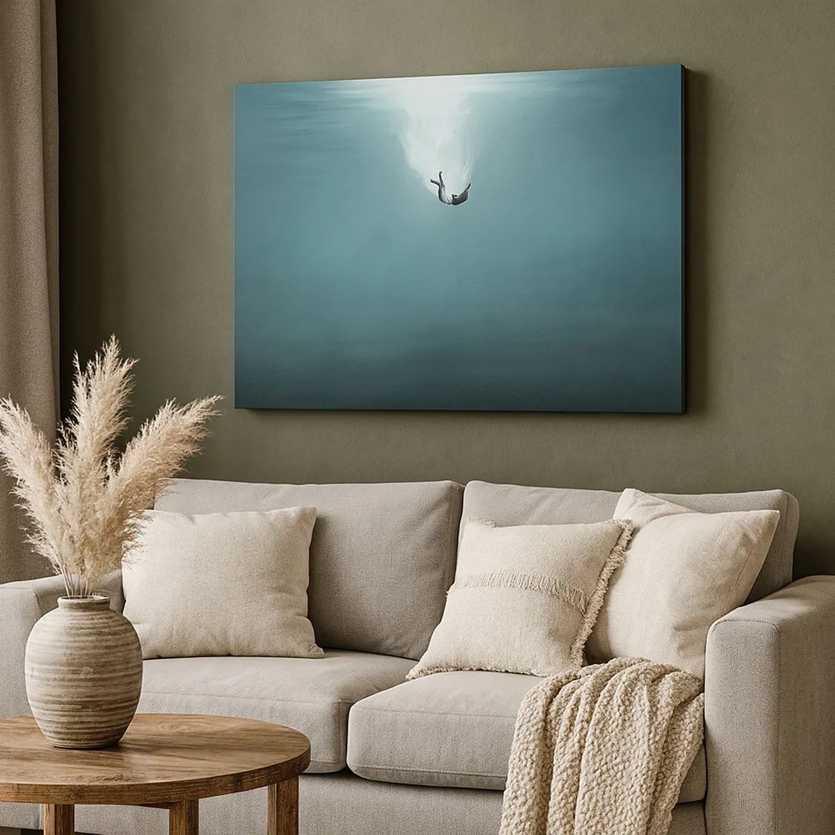 Quadro em tela - Uma figura imersa em águas profundas e turquesas - 70x50cm - Nos braços do oceano - Decoração de parede moderna para a sala de estar e quarto ARTTOR