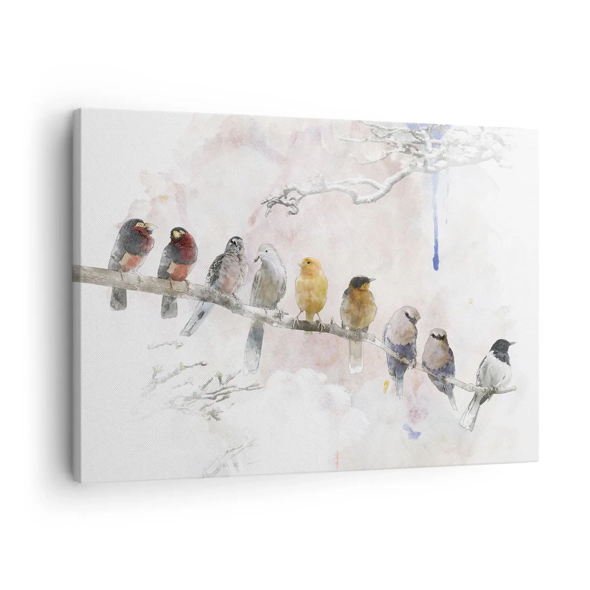 Quadro em tela - Pássaros coloridos em um galho em estilo aquarela - 70x50cm - Reunião alada - Decoração de parede moderna para a sala de estar e quarto ARTTOR