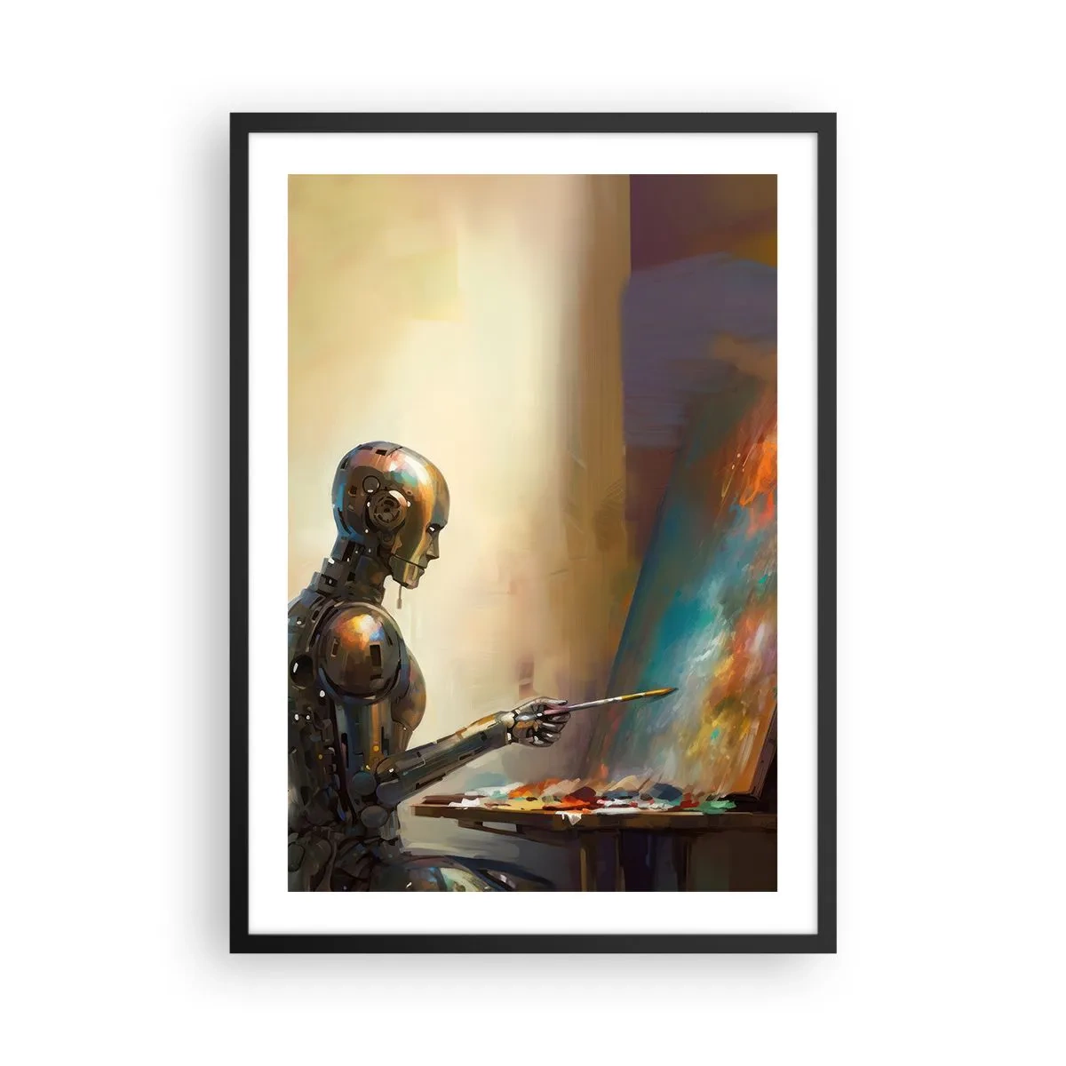 Pôster com moldura preta - Pintor robô em um cavalete em estilo futurista - 50x70cm - A arte do futuro - Decoração de parede moderna para a sala de estar e quarto ARTTOR