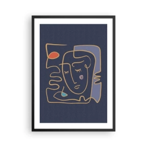 Pôster com moldura preta - Rosto abstrato minimalista em um fundo azul marinho em estilo de arte de linha - 50x70cm - Nos pensamentos - Decoração de parede moderna para a sala de estar e quarto ARTTOR