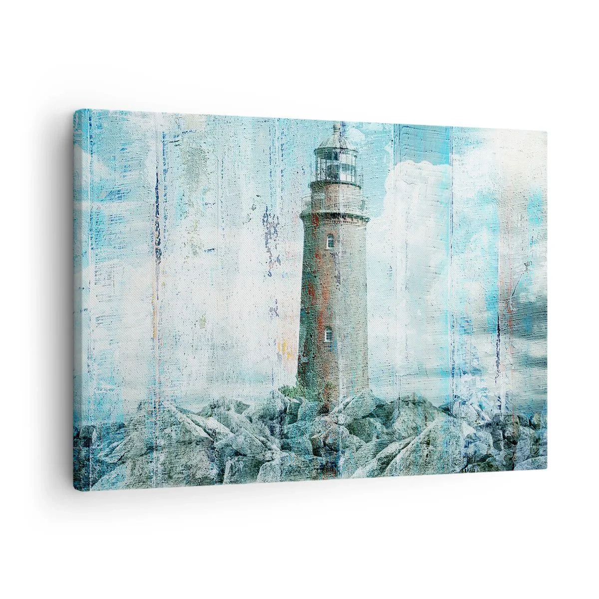 Quadro em tela - Um farol em uma costa rochosa em cores pastel - 70x50cm - Em madeira velha - Decoração de parede moderna para a sala de estar e quarto ARTTOR