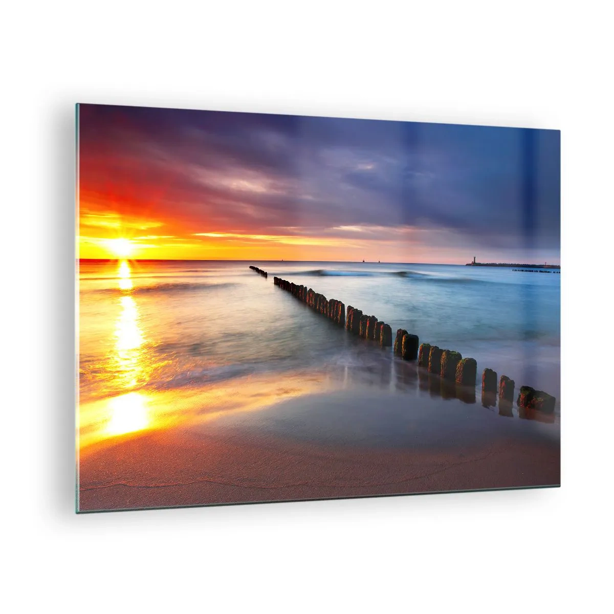 Quadro em vidro - Pôr do sol sobre o mar com quebra-mares de madeira - 70x50cm - Ouça o silêncio - Decoração de parede moderna para a sala de estar e quarto ARTTOR