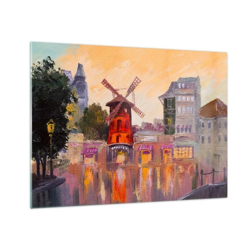 Quadro em vidro - O moinho de vento vermelho do Moulin Rouge entre os cortiços parisienses - 70x50cm - Ícones parisienses – Moulin Rouge - Decoração de parede moderna para a sala de estar e quarto ARTTOR