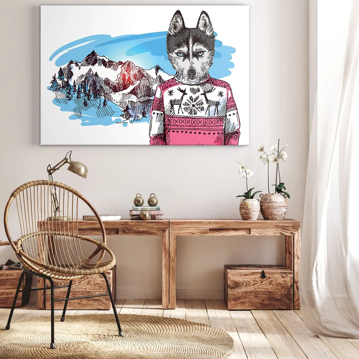 Quadro em tela - Um lobo com um suéter de inverno contra uma paisagem montanhosa - 70x50cm - Lobo em lã de ovelha - Decoração de parede moderna para a sala de estar e quarto ARTTOR