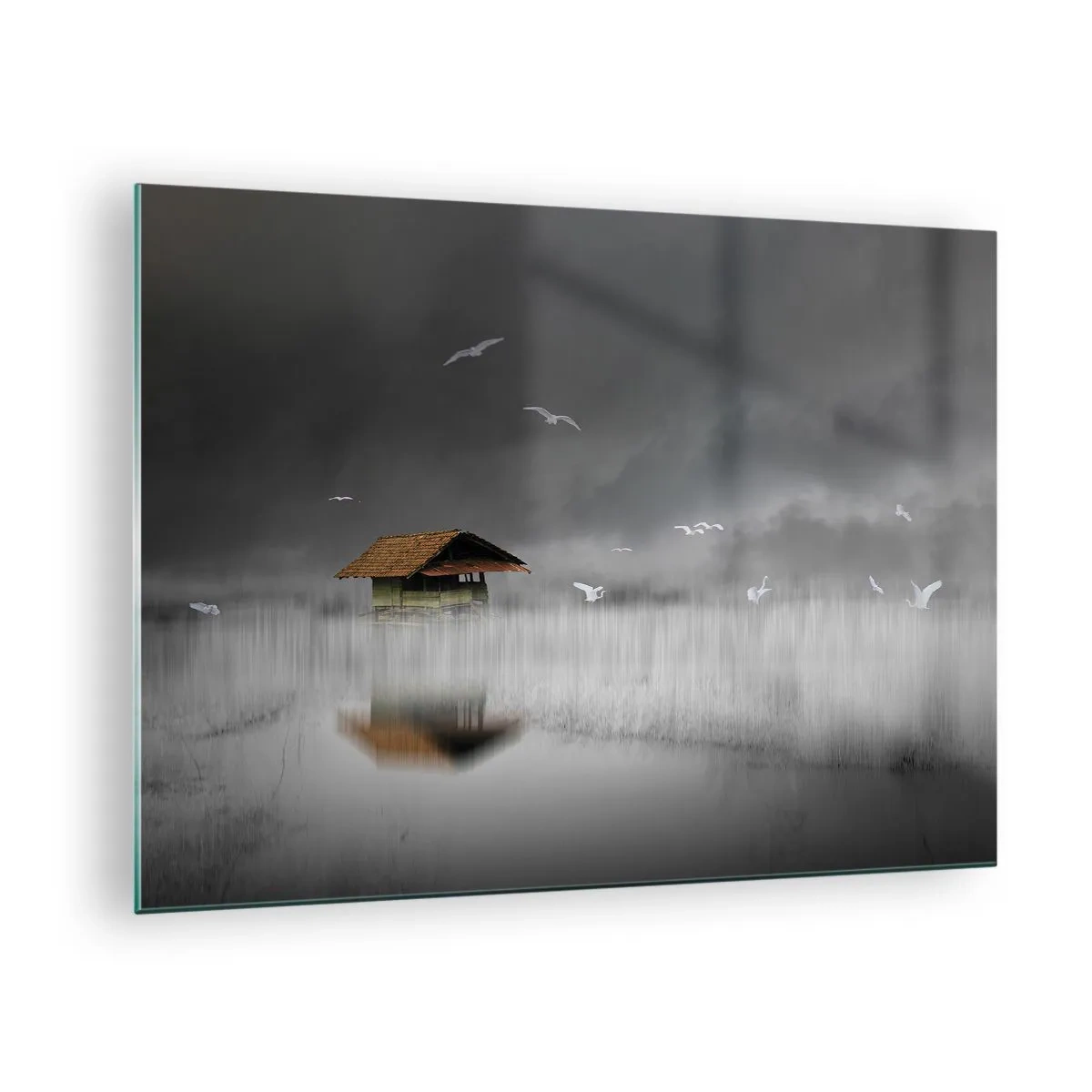 Quadro em vidro - Uma casa na água no nevoeiro com pássaros voando - 70x50cm - Abrigo da chuva - Decoração de parede moderna para a sala de estar e quarto ARTTOR