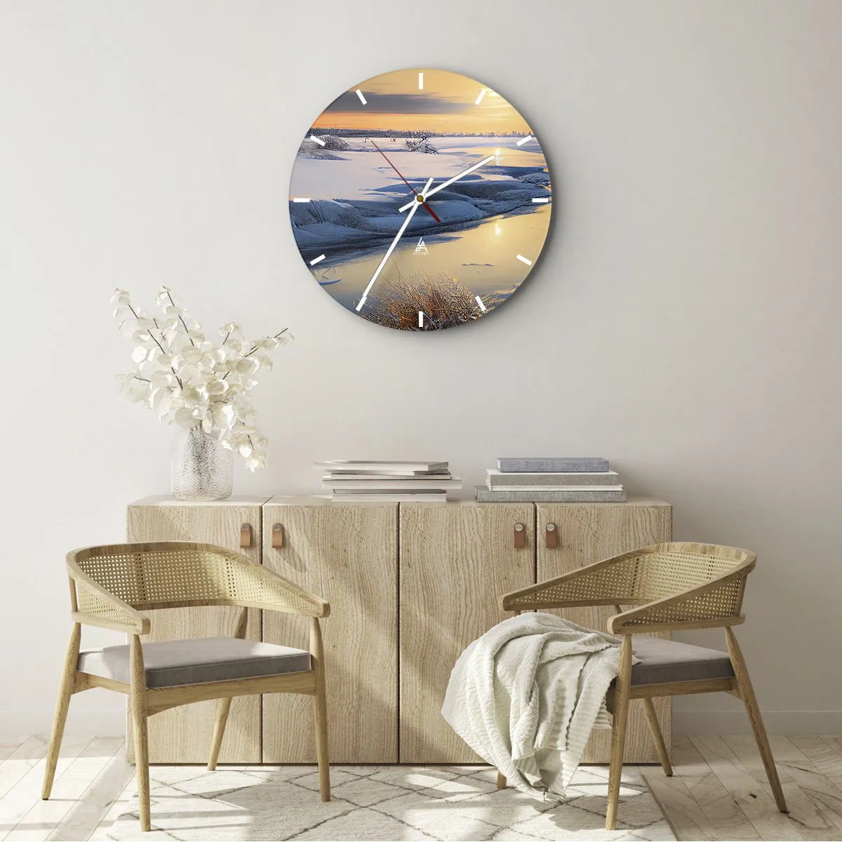 Relógio de parede - Relógio em vidro - Paisagem de inverno com um rio e o pôr do sol - 30x30cm - Pôr do sol de inverno - Decoração de parede moderna para a sala de estar, cozinha e quarto ARTTOR