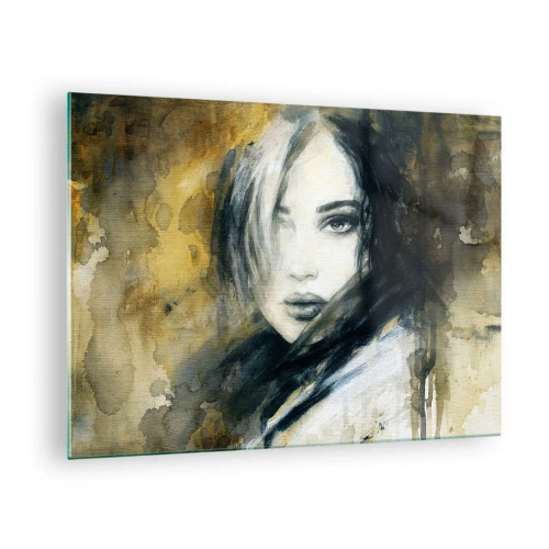 Quadro em vidro - Retrato de uma mulher em estilo aquarela - 70x50cm - Mais inocente ou sensual? - Decoração de parede moderna para a sala de estar e quarto ARTTOR