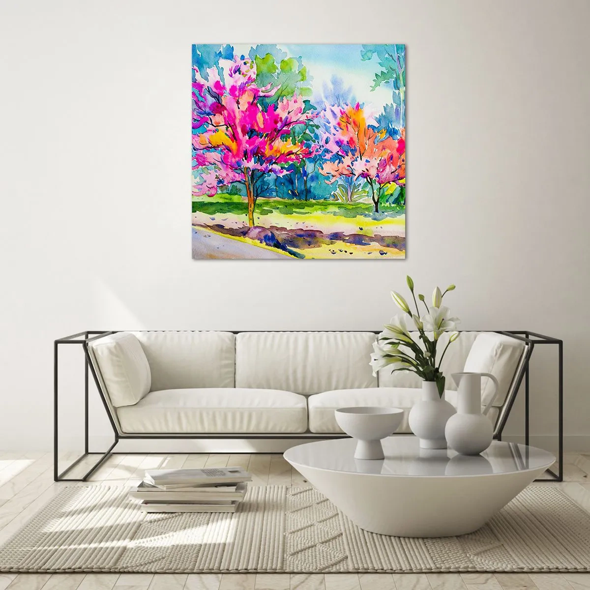 Quadro em vidro - Um jardim arco-íris no brilho da primavera - 40x40 cm