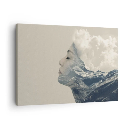 Quadro em tela - Silhueta de uma mulher com uma paisagem de montanha ao fundo - 70x50cm - A beleza dos elementos da natureza - Decoração de parede moderna para a sala de estar e quarto ARTTOR
