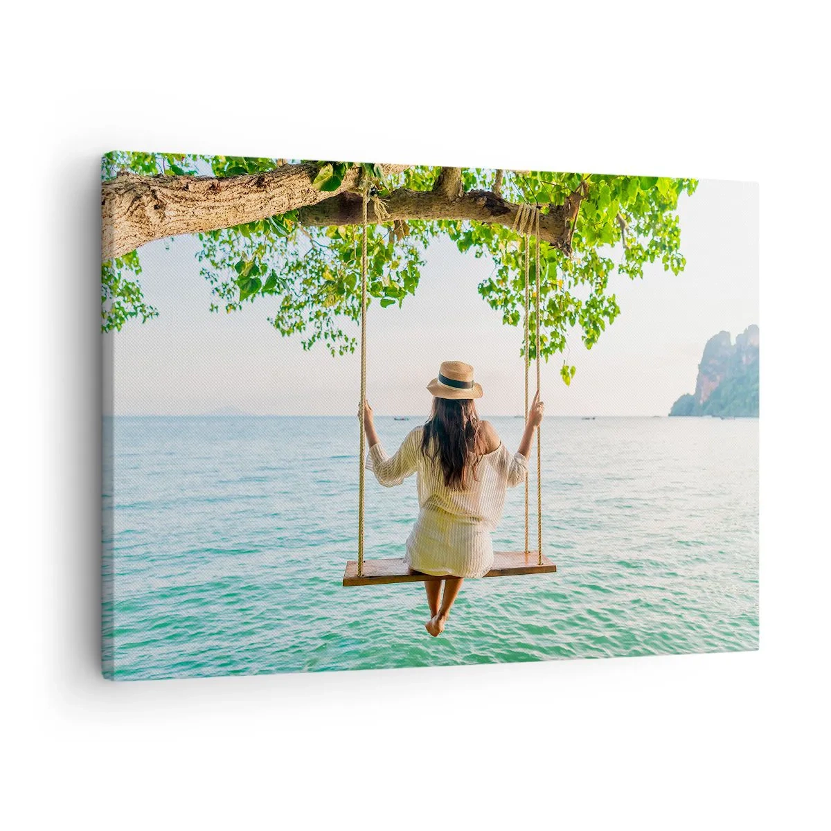 Quadro em tela - Mulher em um balanço à beira-mar em uma paisagem tropical - 70x50cm - A vida é bela - Decoração de parede moderna para a sala de estar e quarto ARTTOR