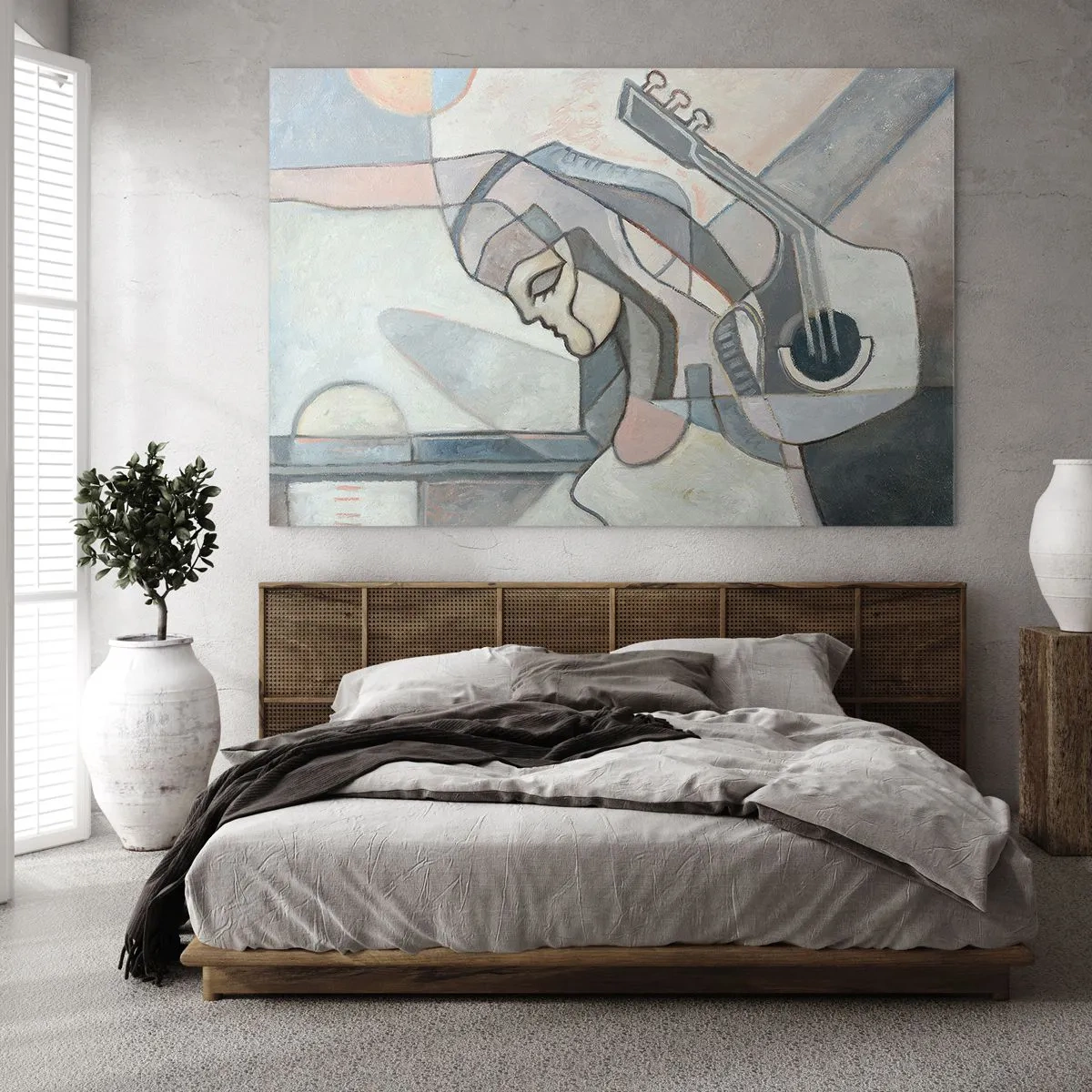 Quadro em vidro - Figura artística de uma mulher com uma guitarra em tons pastel - 70x50cm - No poder da música - Decoração de parede moderna para a sala de estar e quarto ARTTOR