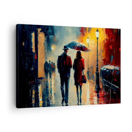 Quadro em tela - Caminhando na chuva sob um guarda-chuva na cidade à noite - 70x50cm - História de amor urbano - Decoração de parede moderna para a sala de estar e quarto ARTTOR