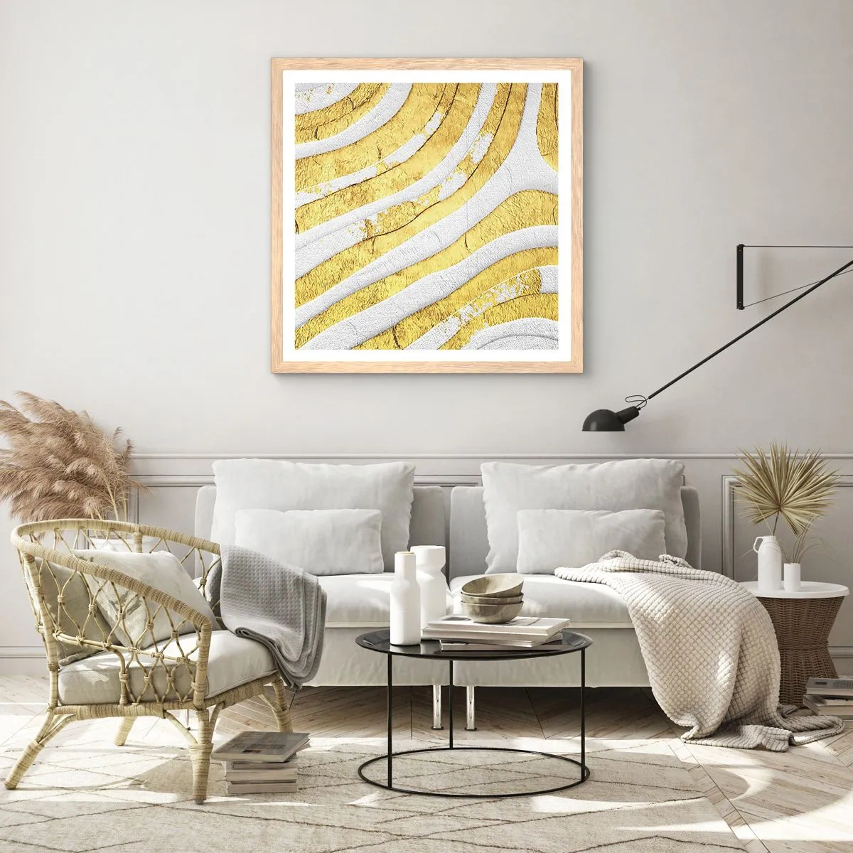 Pôster com moldura de carvalho claro - Composição a branco e ouro - 30x30 cm