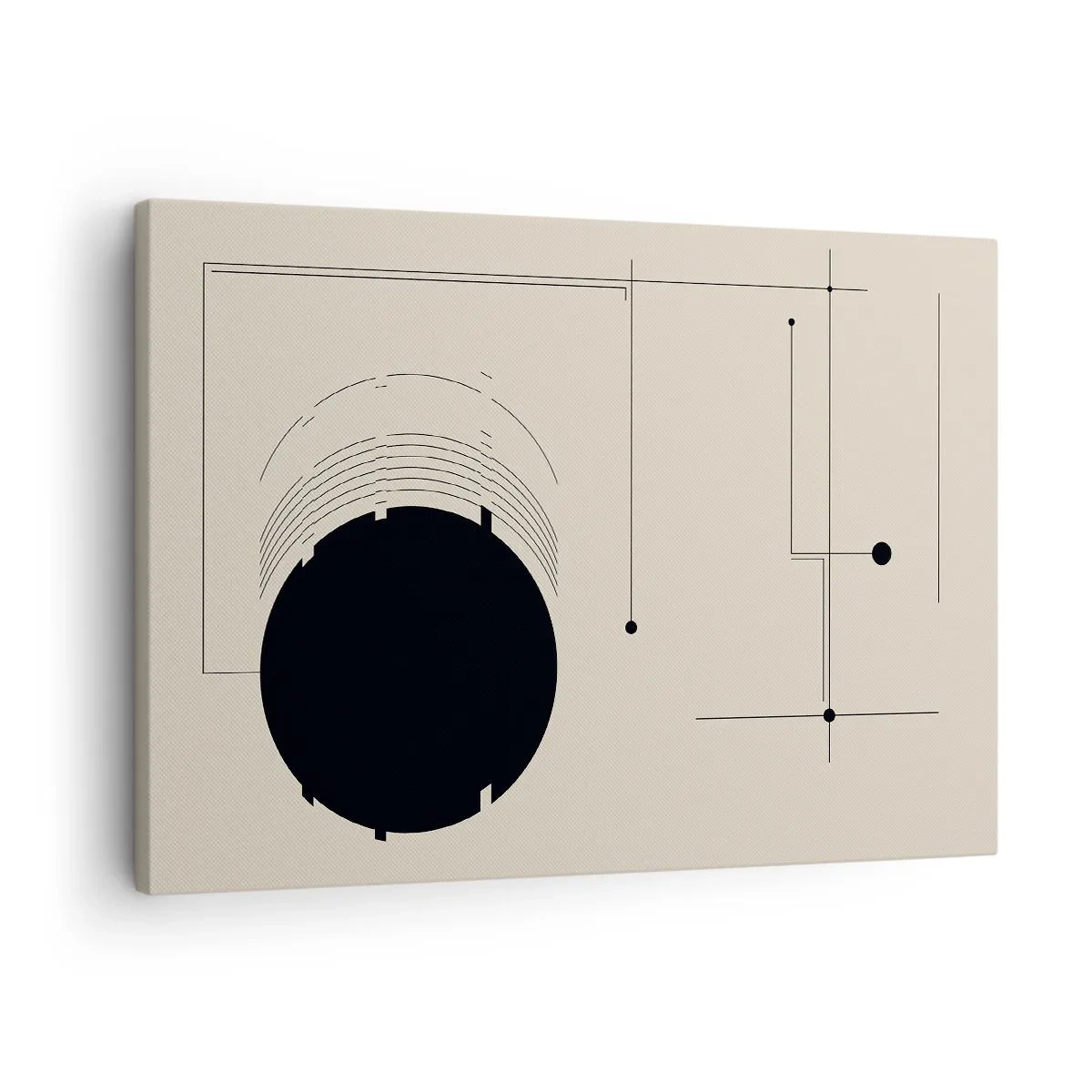 Quadro em tela - Linhas geométricas pretas e um círculo em um fundo bege - 70x50cm - Composição flexível e dinâmica - Decoração de parede moderna para a sala de estar e quarto ARTTOR